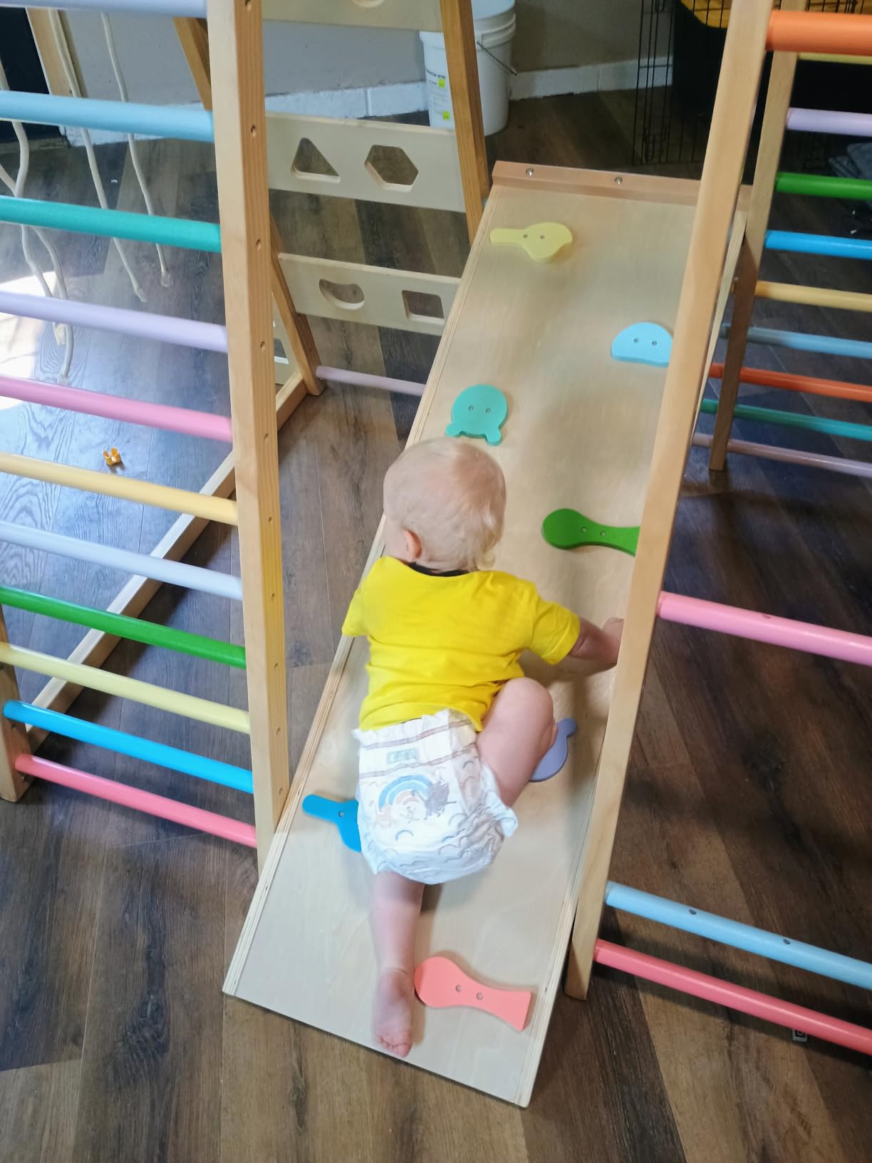 Upgraded Indoor Jungle Gym 9-in-1 Playground Kids Climbing Toys | Waldorf Style Wooden Climber Playset with Slide, Swing, Monkey Bars, Upright/Rope Ladder, Climb Net, Rainbow customer photo 2
