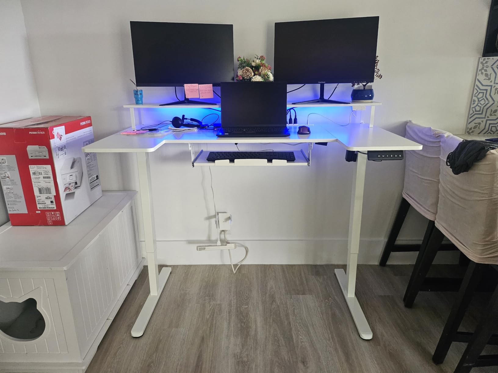 55 Inch U Shaped Electric Standing Desk with Keyboard Tray, White | 3 Outlets & 2 USB Ports, Dual-Monitor Stand, 10 Colors & 10 LED Modes, 3 Presets, 28.3