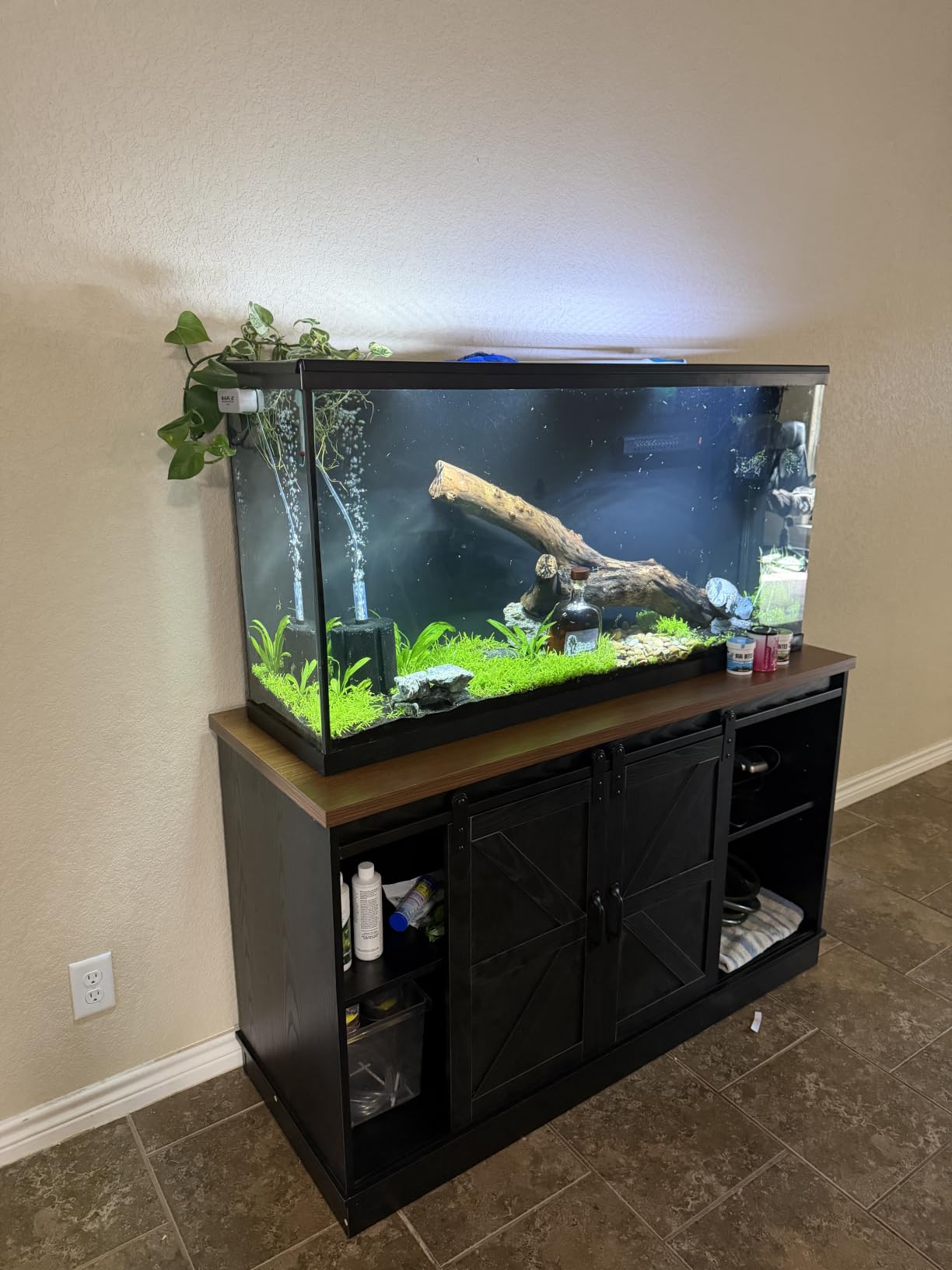Hlivelood Farmhouse 55-75 Gallon Fish Tank Stand with Power Outlet, Aquarium Stand w/Cabinet&Sliding Barn Door, Heavy Duty Reptile Tank Stand for Fish/Turtle/Reptile Terrarium, 1000LB Capacity, Grey customer photo 2