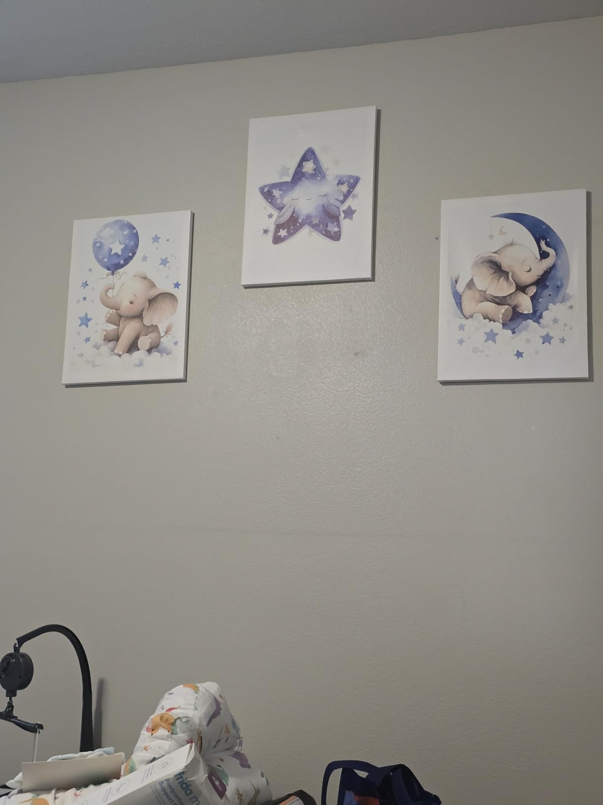 DULASI Set of 3 Gallery Wrapped Canvas Prints, Baby Boy Nursery Decor, Watercolor Moon Star Elephant Wall Art, Ready to Hang Nursery Decorations, Blue Kids Room Wall Art 12x16in customer photo 2