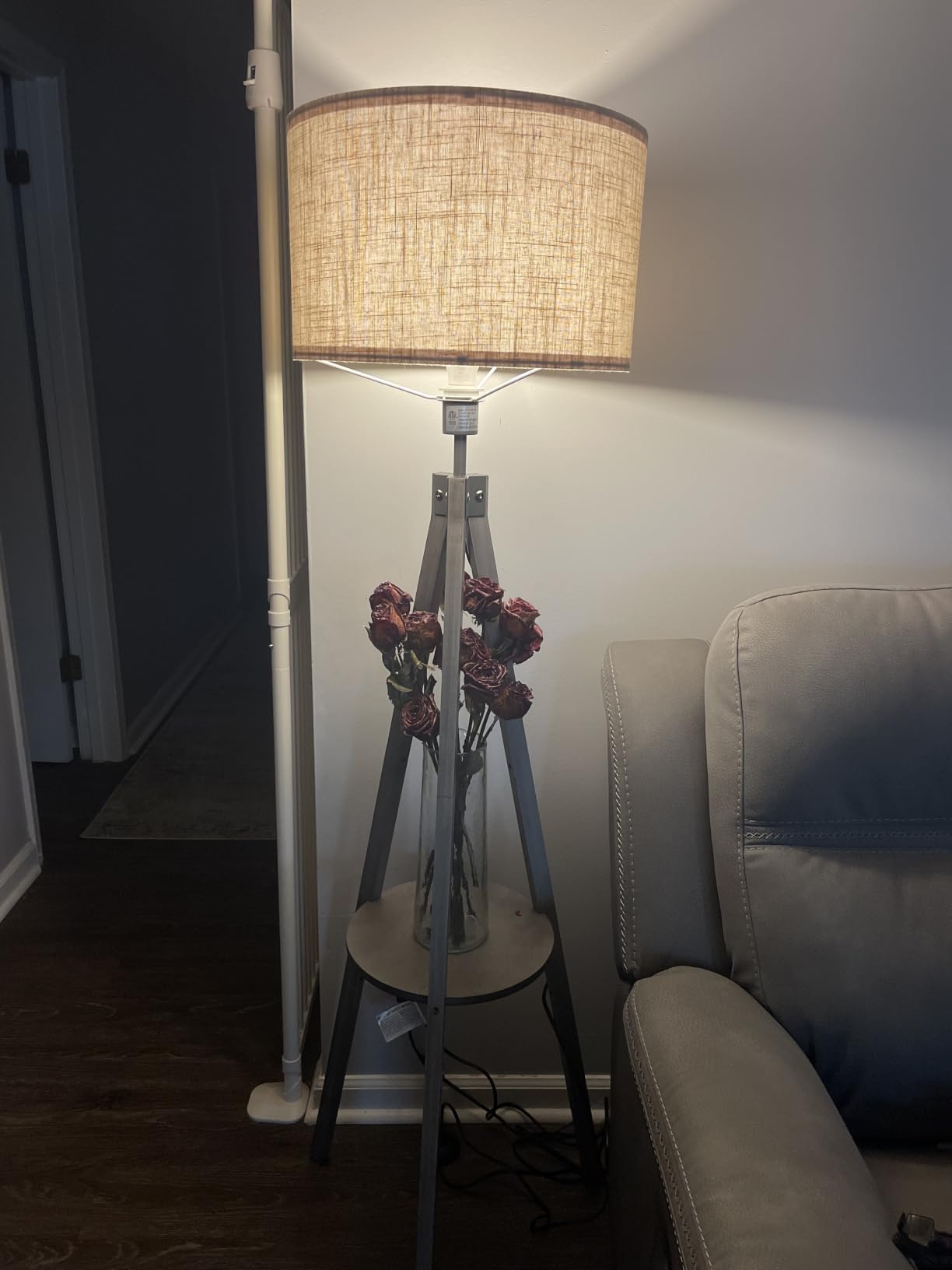 ELYONA Tripod Floor Lamp with Table, Mid Century Wood Shelf Standing Light Modern Tall Floor Lamp with Linen Shade for Living Room Bedroom Office, Dark Brown, 3 Color Temperatures LED Bulb Included customer photo 1