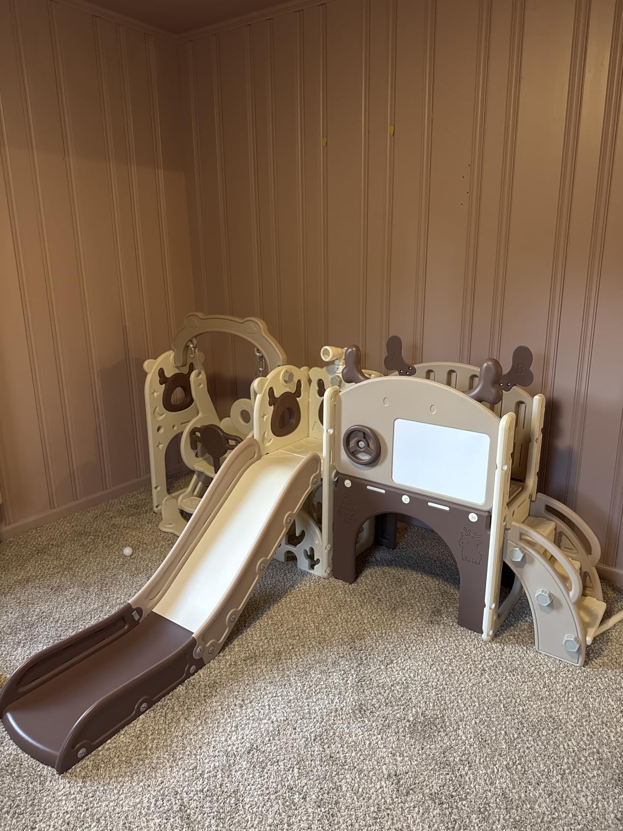 Mloong 12 in 1 Toddler Slide and Swing Set, Kids Slide for Toddlers 1-3 Years Old Baby, Indoor Outdoor with Basketball Hoop Drawing Golf for Kids Easy Assembly (Beige & Rosy Brown) customer photo 1