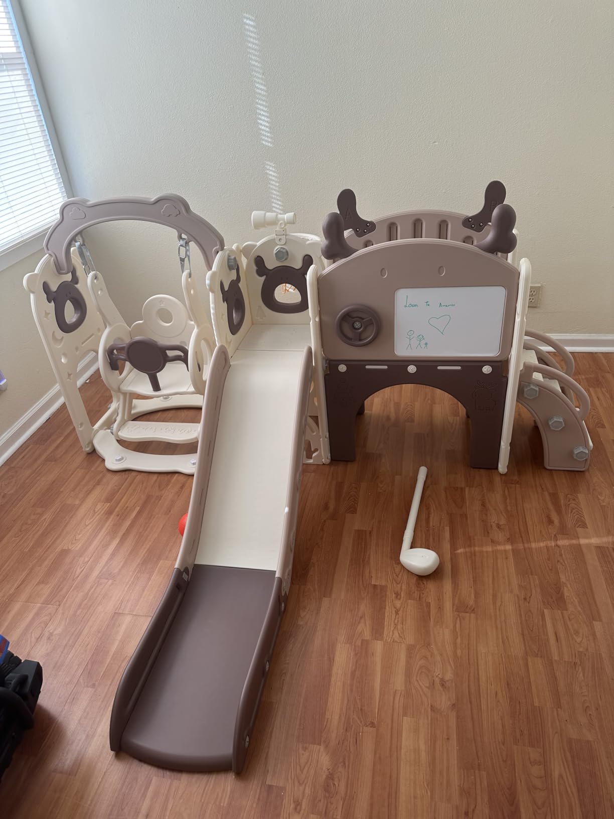 Mloong 12 in 1 Toddler Slide and Swing Set, Kids Slide for Toddlers 1-3 Years Old Baby, Indoor Outdoor with Basketball Hoop Drawing Golf for Kids Easy Assembly (Beige & Rosy Brown) customer photo 2