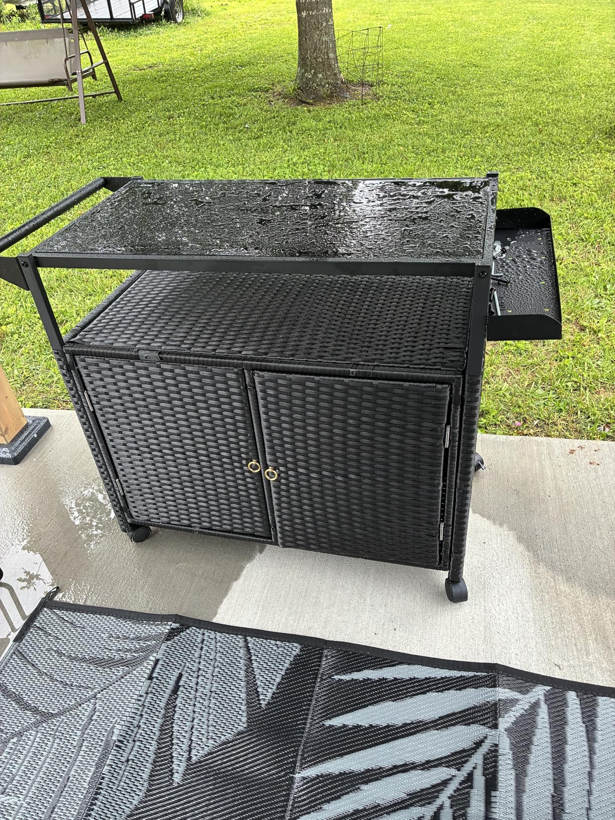 MU Outdoor Bar Cart with Storage and Wheels, Outdoor Bar Table with Tempered Glass Top & Shelf, Rolling Wicker Storage Cabinet with Rounded Handle & Side Basket for Backyard, Poolside, Garden, Black customer photo 1