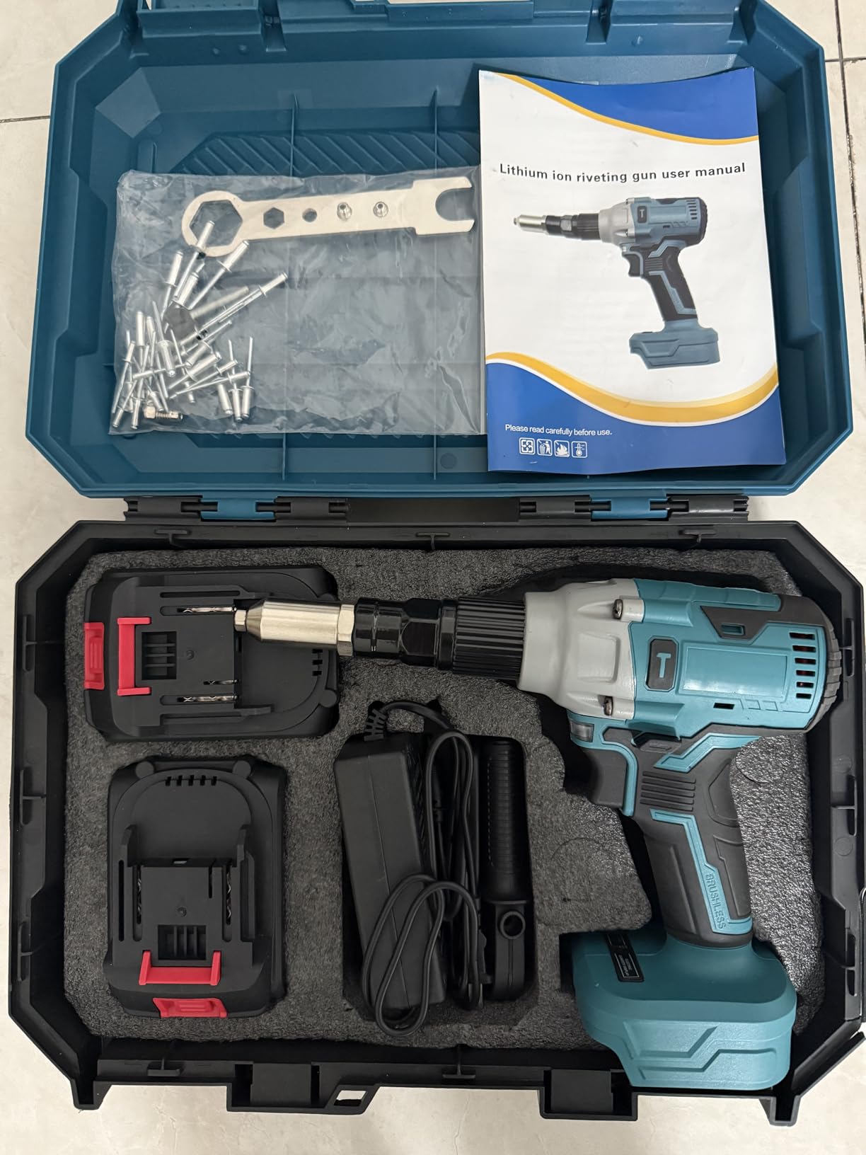 21V Cordless Electric Rivet Gun with 2X 4.0Ah Battery & Charger | Brushless Pop Rivet Gun Tool, 1/8