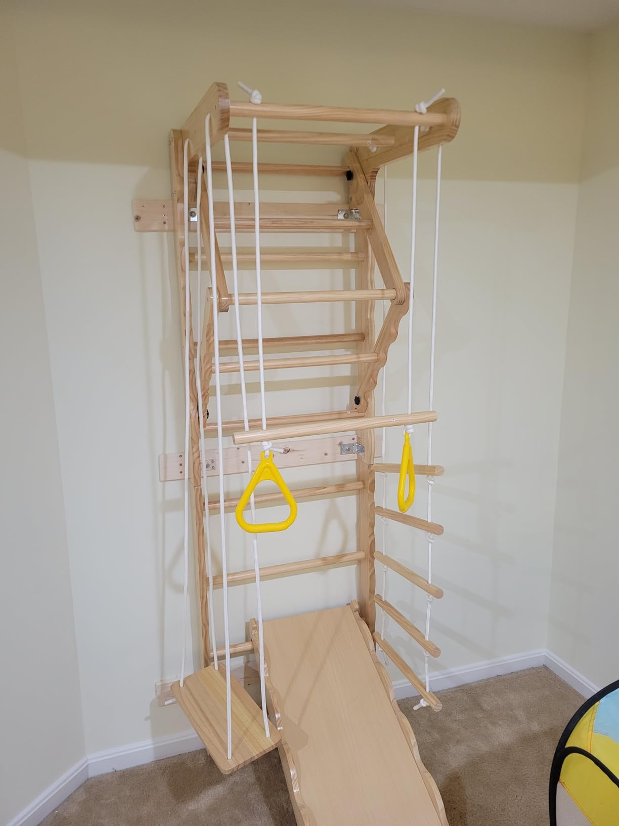 5-in-1 Wooden Indoor Jungle Gym for Kids, Wall-Mounted Swedish Ladder with Pull-Up Bar, Rings, Swing, and Slide - Montessori-Inspired Kids Playset for Fun & Development, Ages 3-8 customer photo 1