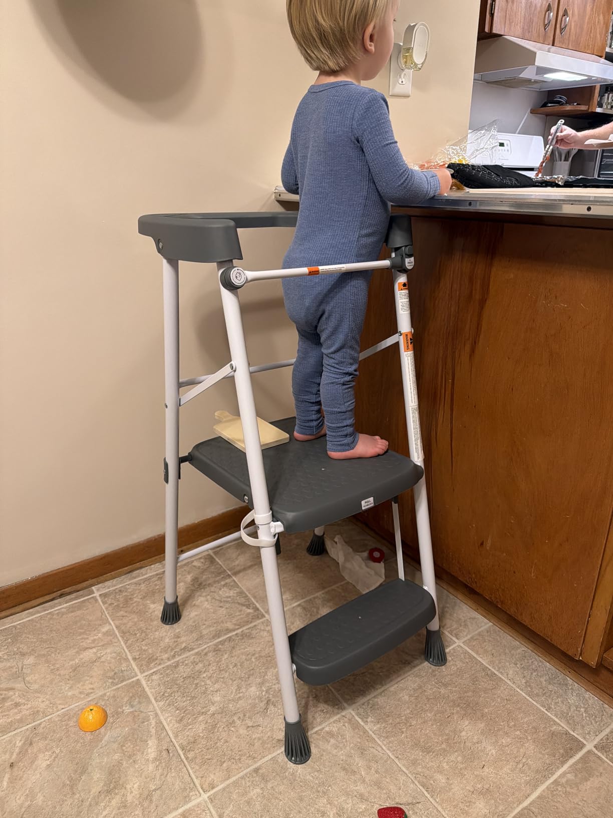 HBTower Kids 2 Steps Step Stool, Foldable Toddler Tower with Safety Railing | Toddler Kitchen Stool & Counter Height Learning Helper, Sturdy Metal Frame, Anti-Slip Feet, Compact Folding Stepper, Gray customer photo 2