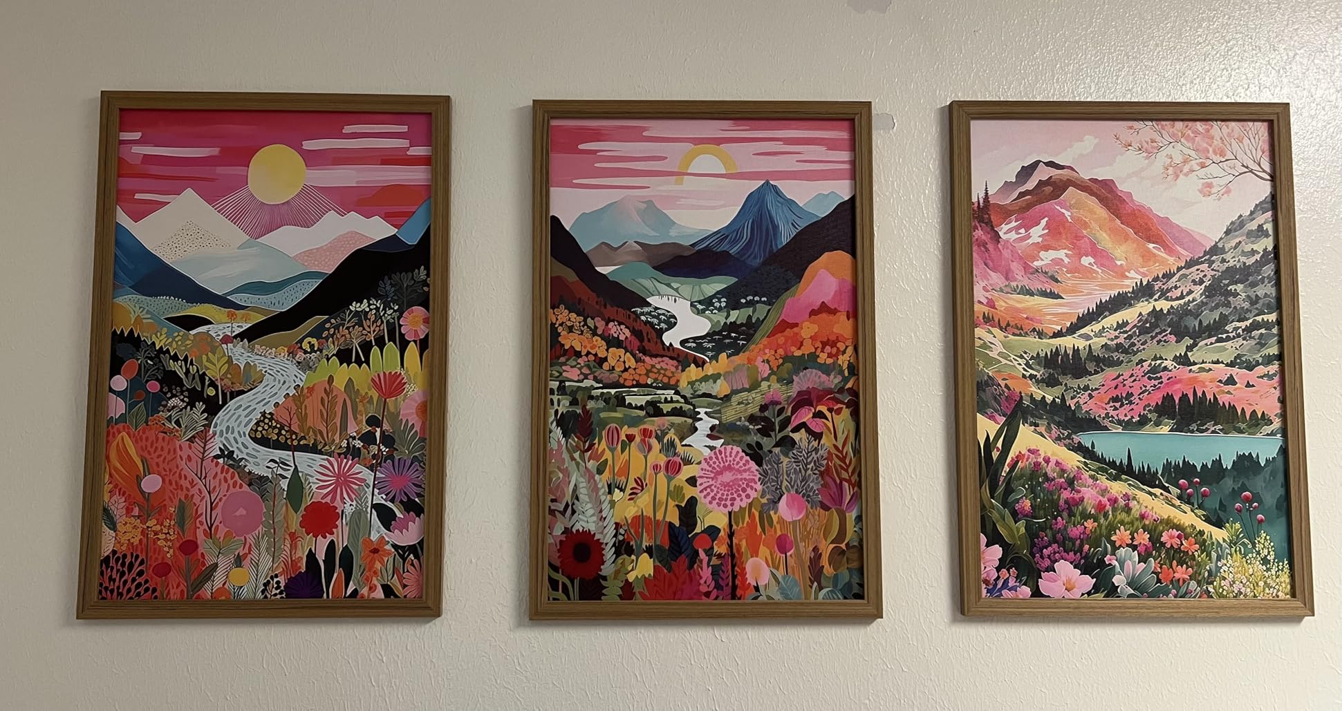 Boho Colorful Mountain Wall Art Set of 3, Abstract Watercolor Landscape Flower Wall Decor Paintings, Modern Nature Sunset Forest Posters Prints for Living Room, Bedroom 12x16 Inch Wood Framed customer photo 2