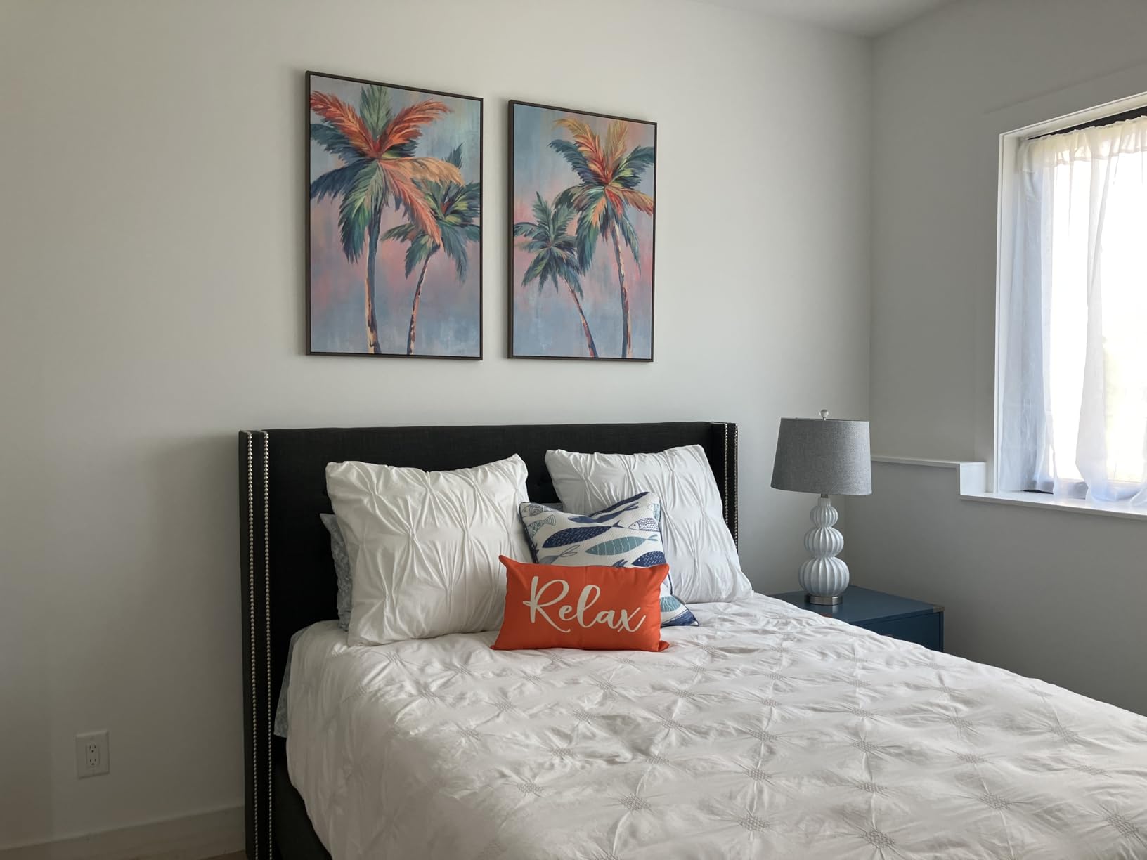 Large Framed Coastal Colorful Palm Tree Wall Art for Living Room, 24x36 In | Set of 2, Tropical, Modern, Canvas artwork, Beach, Pop art, Living room decor, Dining room art, Ready to hang, Wood frame customer photo 2