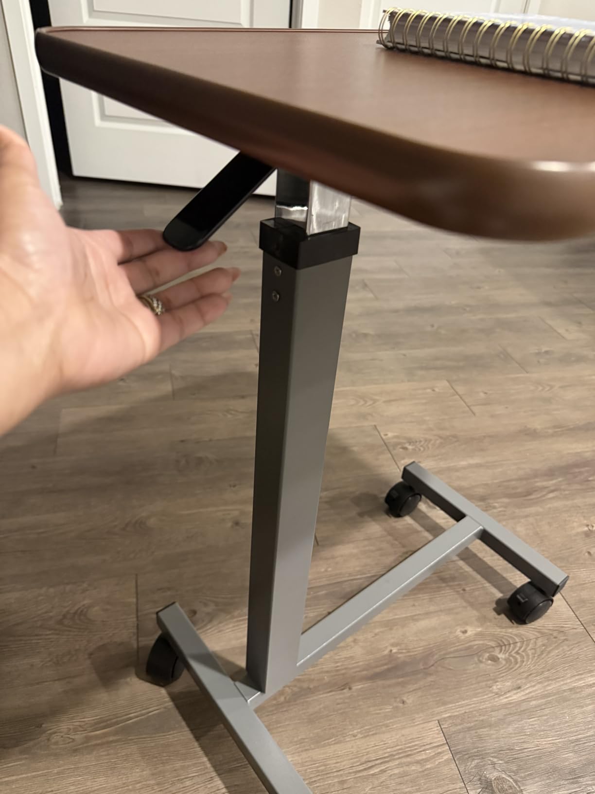 WOTURE Pneumatic Adjustable Overbed Bedside Table with Wheels - Hospital & Home Use, Medical Bed Table, Mobile Standing Desk, Rolling Laptop Cart, Non Tilt Surface (23.6