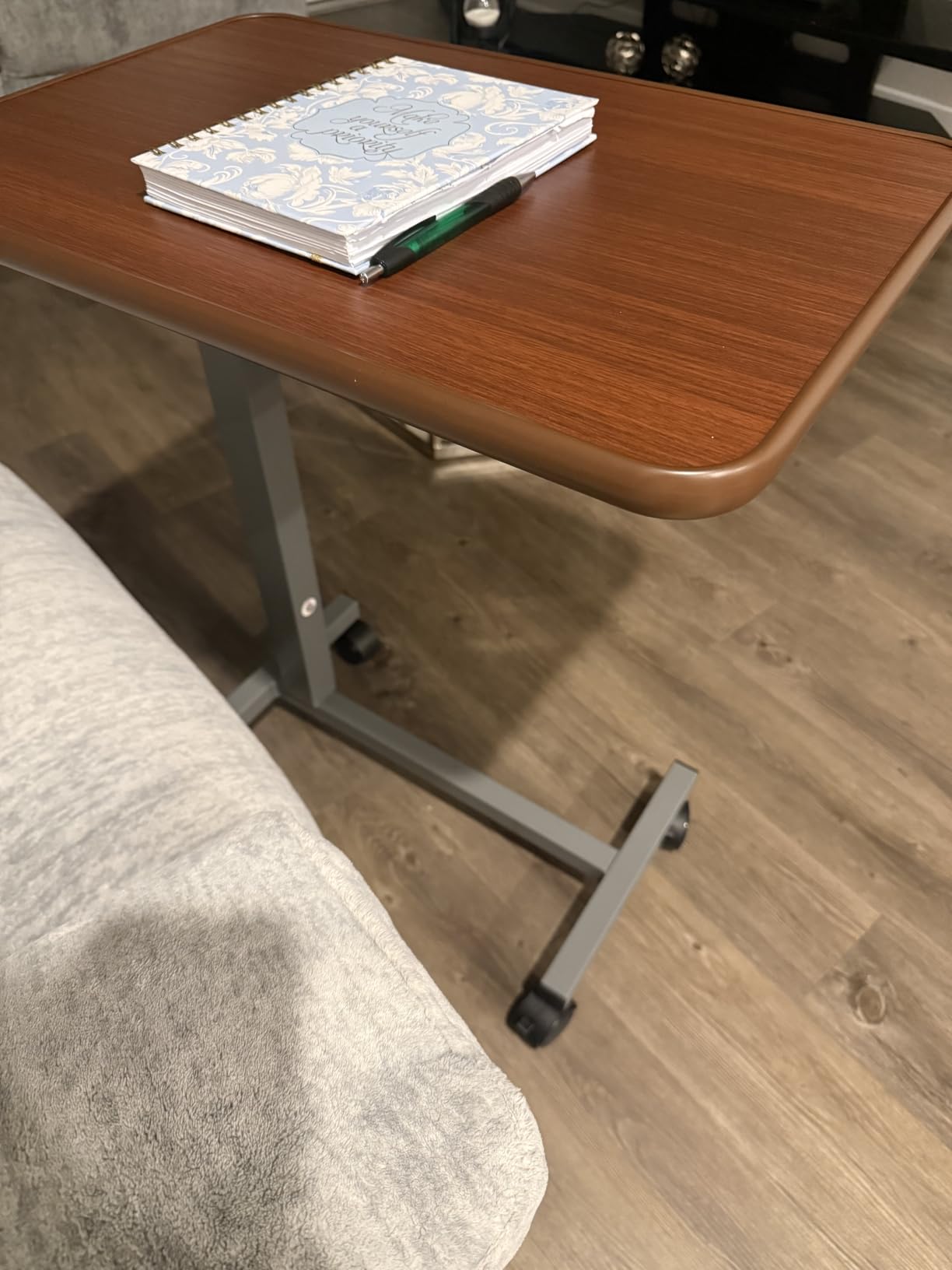 WOTURE Pneumatic Adjustable Overbed Bedside Table with Wheels - Hospital & Home Use, Medical Bed Table, Mobile Standing Desk, Rolling Laptop Cart, Non Tilt Surface (23.6