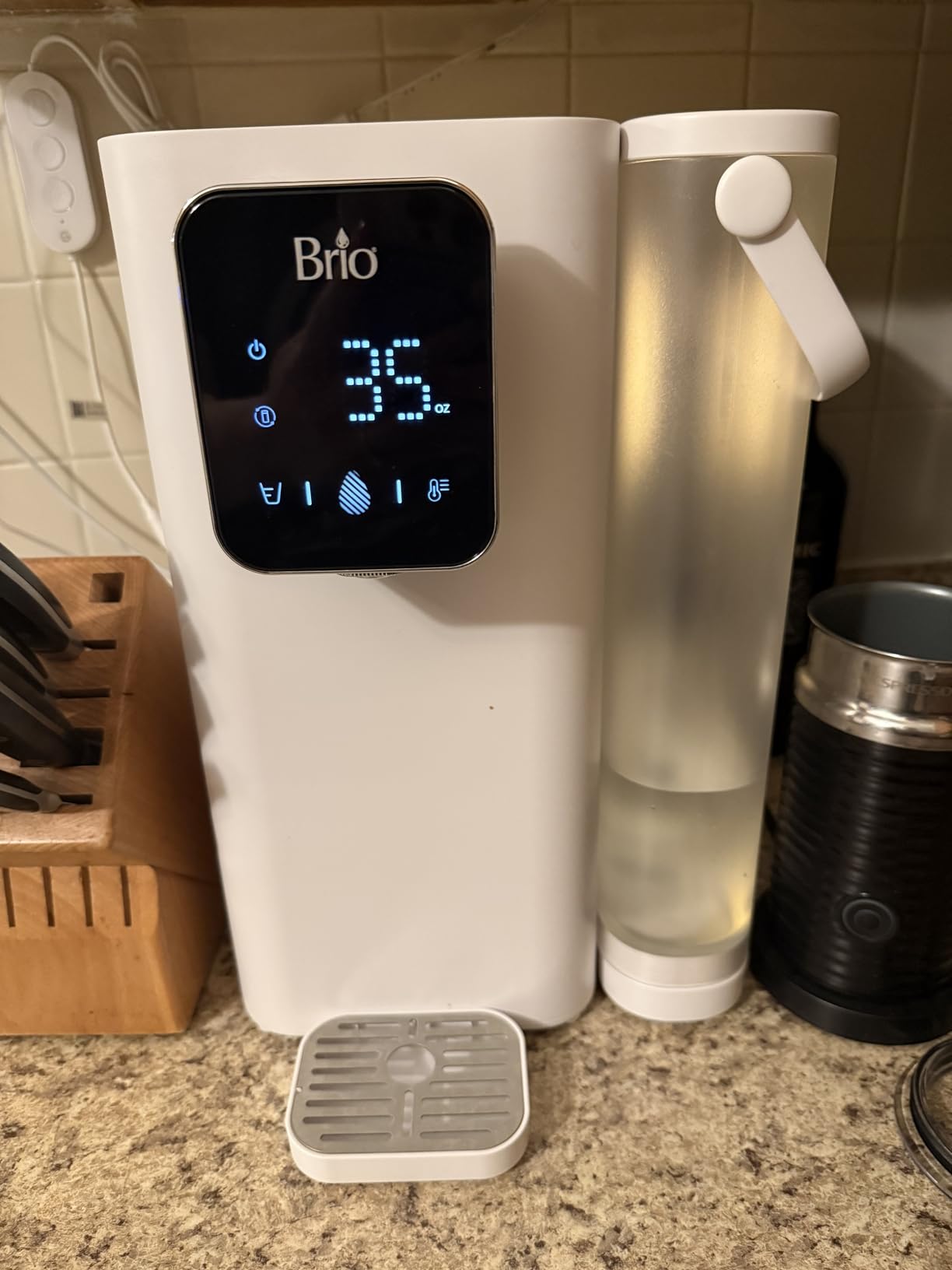 Brio SIMPL Countertop Water Dispenser, 3 Stage Water Filter & Adjustable Instant Hot Water | Easy Access Refillable 2.5L Tank | Tall 8.5