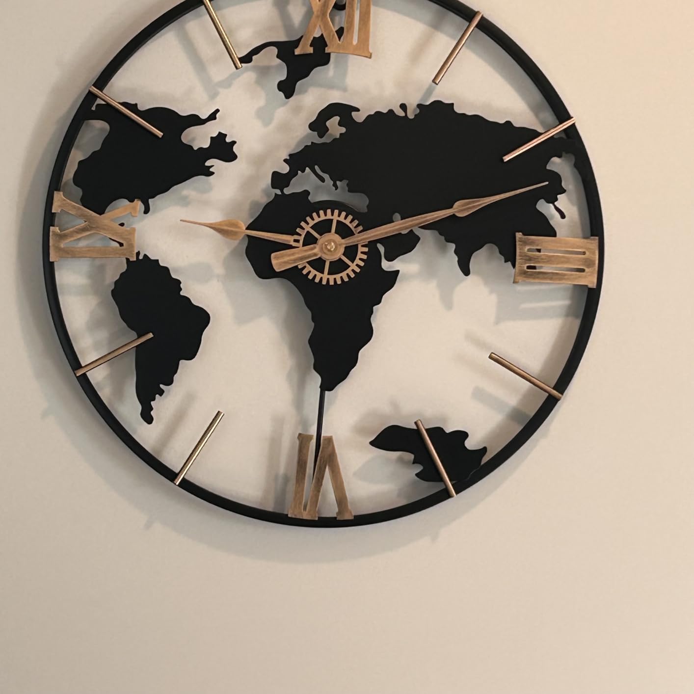 Pytha Sight 30 Inch Large Extra Giant Oversized Roman World Map Wall Clock | 30 Inch Large Metal Modern Decorative Minimalist World Map Wall Clocks with Vintage Gold Roman Numeral for Living Room Decor customer photo 2