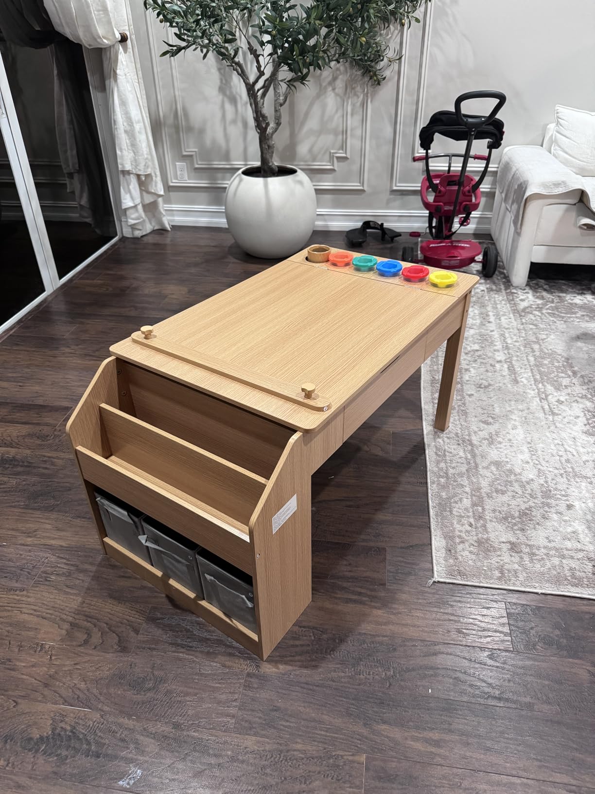 5-in-1 Kids Art Table and Chairs, Toddler Table and Chair Set, Craft Play Desk for Kids, Convertible Art Easel with Paper Roll Holder & Storage Drawers, Children Activity Learning Center - Nature Wood customer photo 2