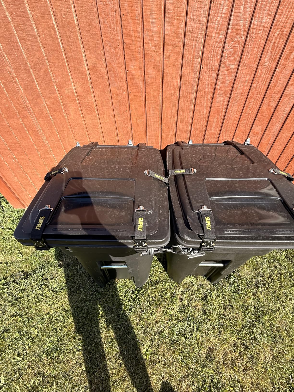 Bear Proof Trash Can Locks,Universal Animal-Proof Garbage Can Lid Straps Against Raccoons and Wildlife,Adjustable Heavy Duty Security Strap for 28-96 Gallon Outdoor Bins (2 PCS) customer photo 1