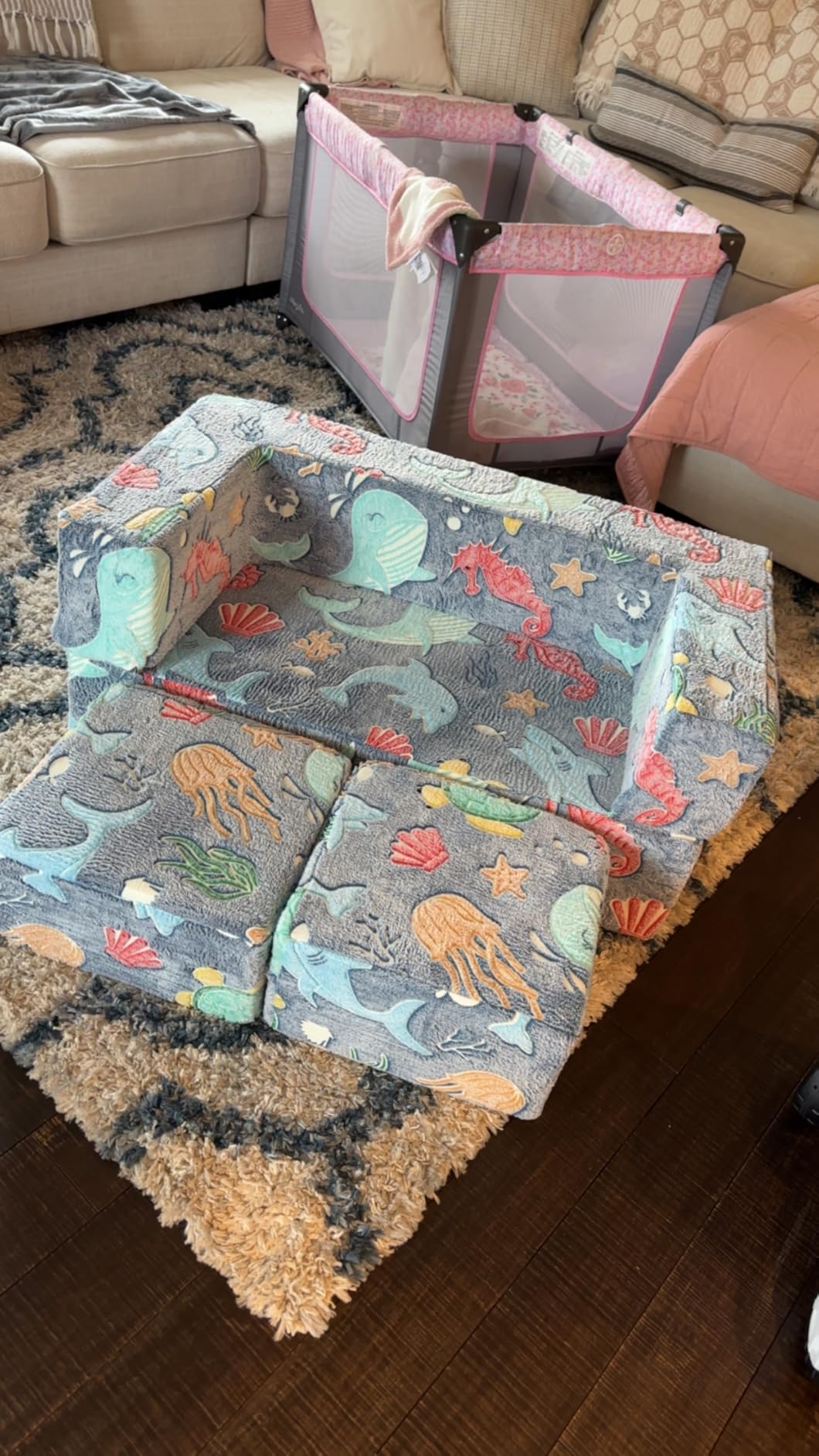 MeMoreCool Glow Dinosaur Kids Couch, Gray Modular Fold Out Play Couch | Glow Dino Foam Kids Sofa Set, Machine-Washable Cover customer photo 2