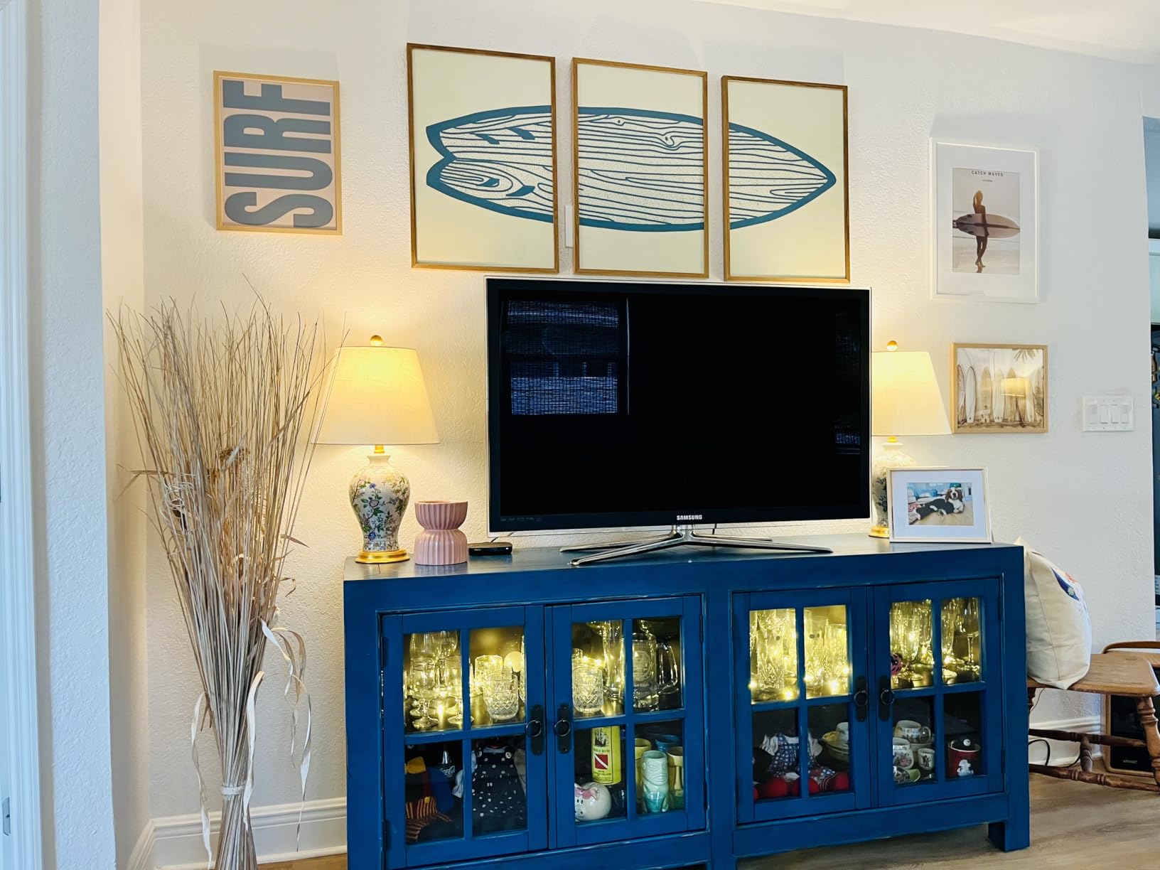 Framed Surfboard Wall Art Decor 3 Pieces Blue Watercolor Line Surfboard Canvas Prints Painting Poster Sea and Surf Pictures for Beach House Living Room Bedroom Decor customer photo 1