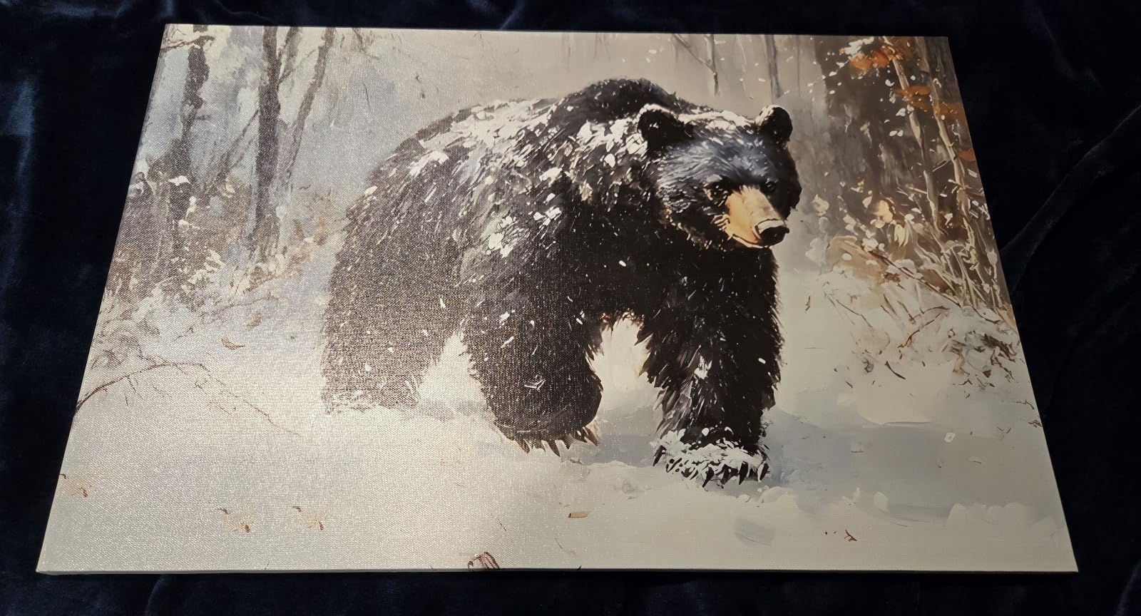Black Bear in Snowy Forest Canvas Wall Art - Rustic Winter Wildlife Painting, Modern Framed Nature Artwork for Cabin Lodge Living Room Bedroom, Ready to Hang (12