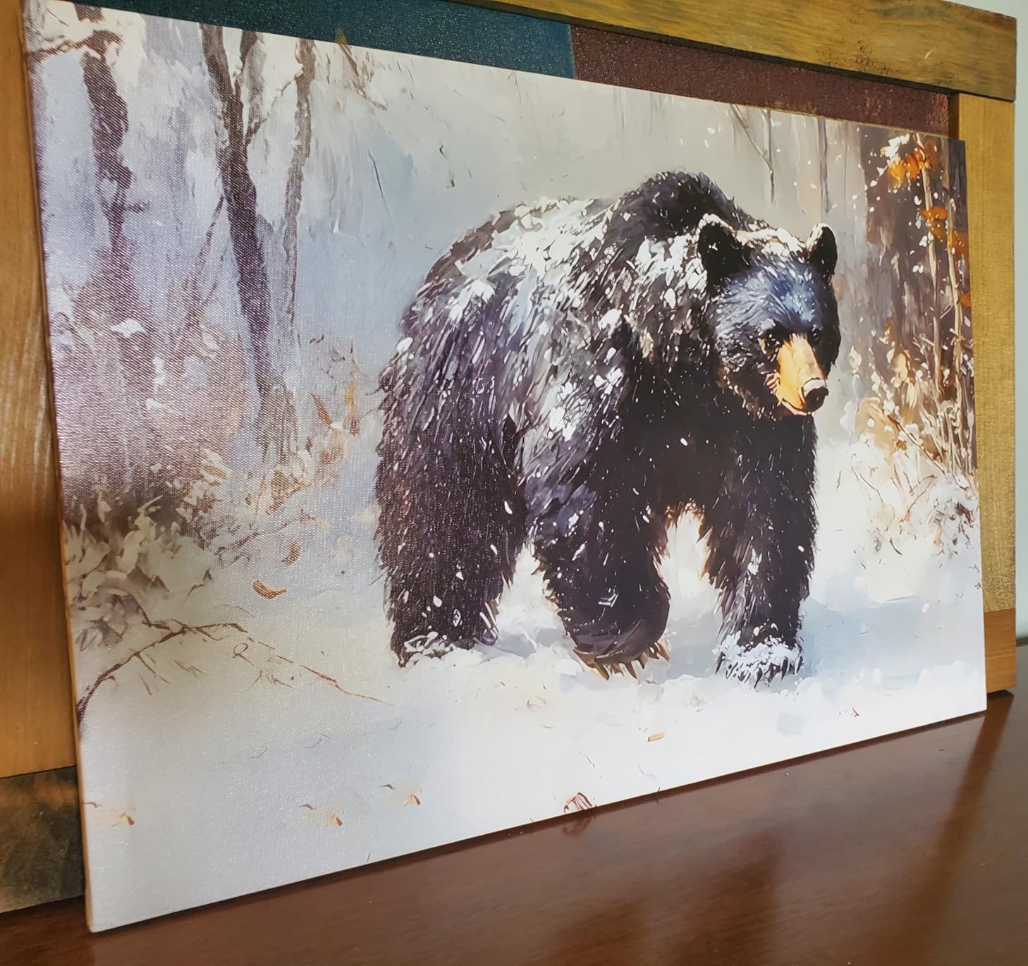 Black Bear in Snowy Forest Canvas Wall Art - Rustic Winter Wildlife Painting, Modern Framed Nature Artwork for Cabin Lodge Living Room Bedroom, Ready to Hang (12
