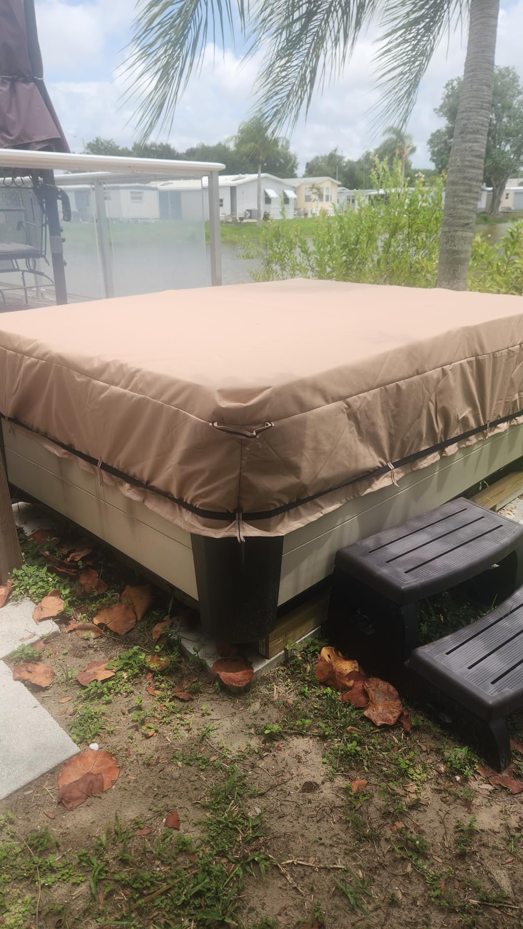 QH.HOME 85x85 Square Hot Tub Cover, 1000D IP65 Waterproof | Fits 84x84, 83x83, 82x82 and 7 ft x 7 ft hot tubs. UV and fade resistant; ratchet straps help keep it secure in wind. Wheat customer photo 1