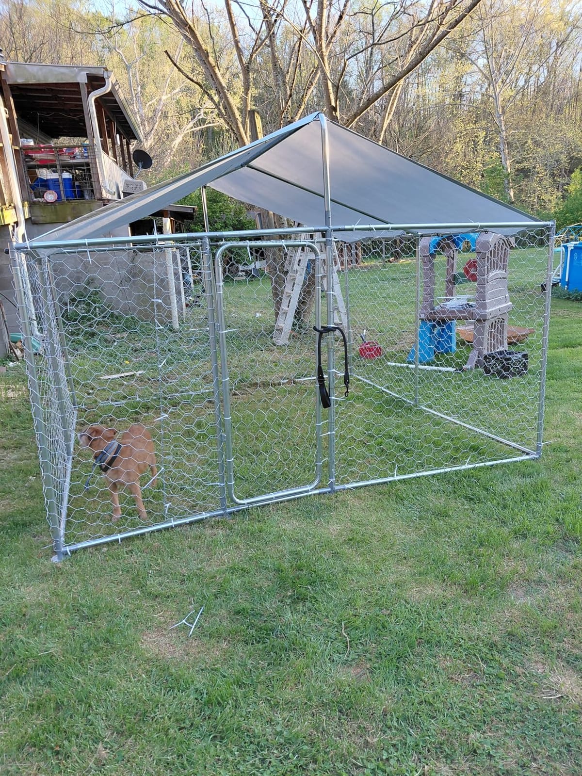 10x10FT Dog Kennel Outdoor Outside, Heavy Duty Metal Dog Enclosure with Waterproof Oxford Roof & Security Lock,Panels for Large Dogs & Small Animals, Backyard Pet Playpen (124x124x87IN) customer photo 1