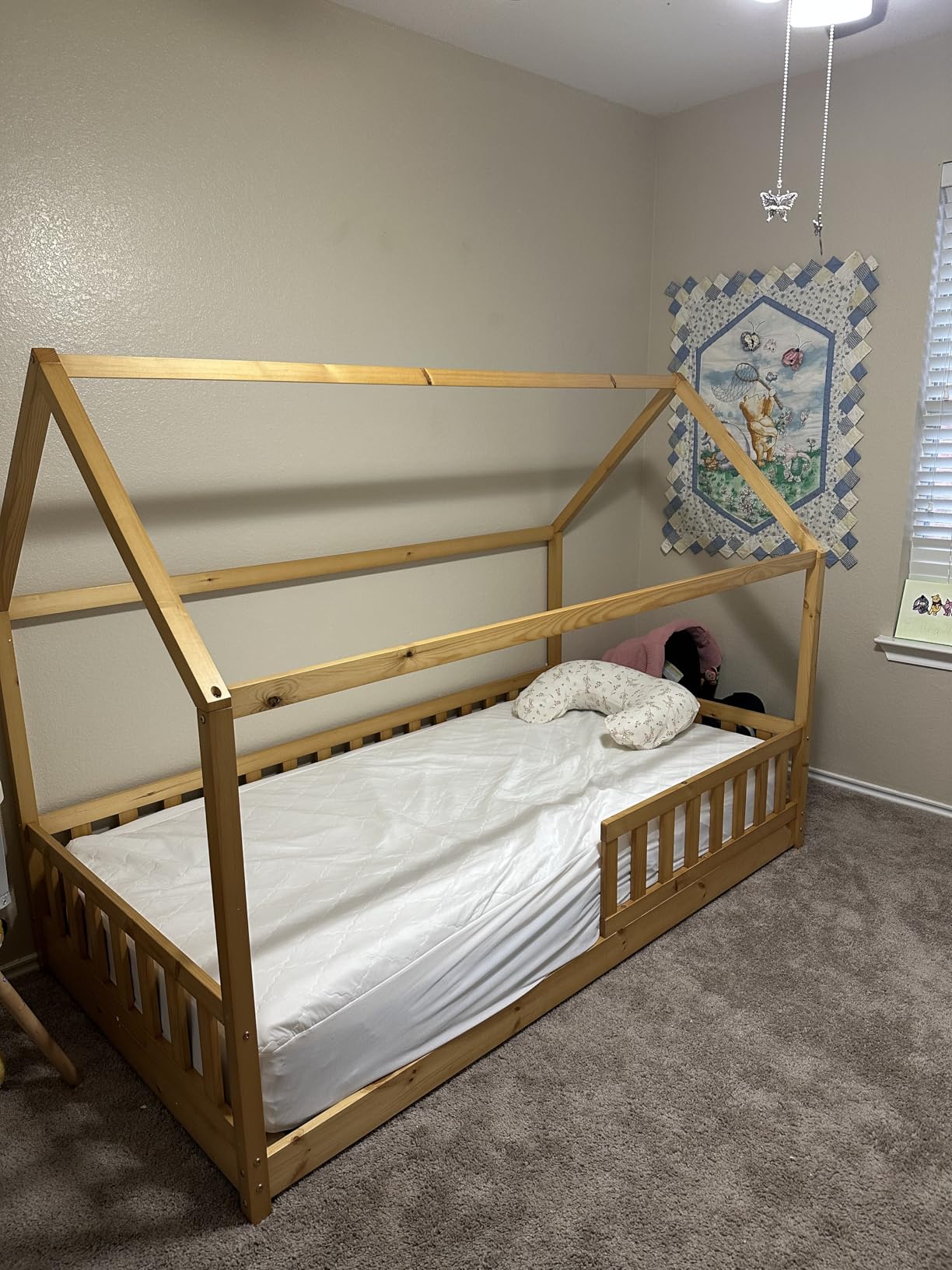 Jocisland Twin Size House Bed for Kids with Guardrails, Natural Wood | 100% Solid Wood Construction, Removable Rails, Full Surround Guardrails, Playhouse Roof Design, for Boys and Girls customer photo 2