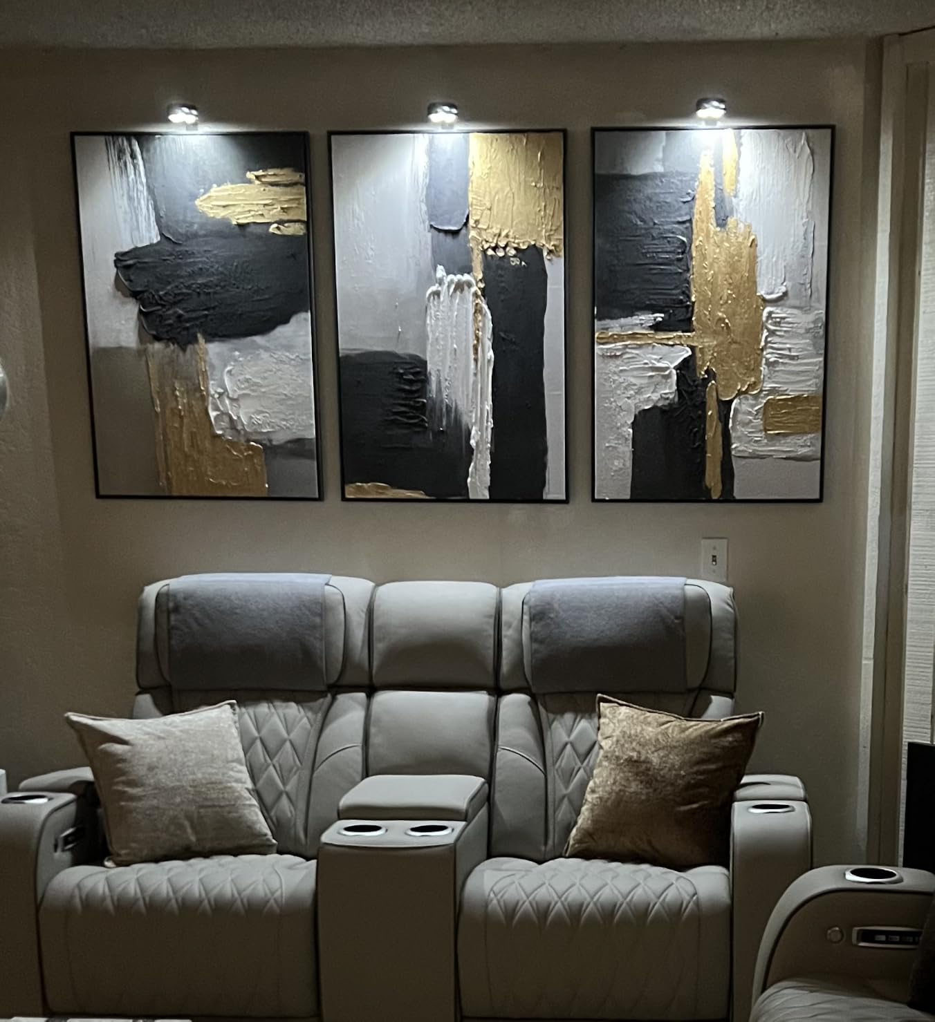 Extra Large Abstract Hand Applied Raised Paint Texture Canvas Wall Art Set of 3, Black White Gold Triptych Artwork Solid Wood Frame 24x36