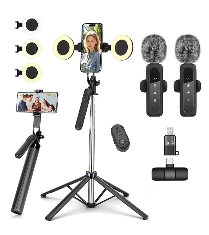 Vlogging Kit for iPhone/Android, Metal Selfie Stick Tripod for iPhone with Light and Microphone,70 inch Tall Adjustable Phone Tripod for TikTok/YouTube Starter Content Creator Essentials Kit customer photo 1