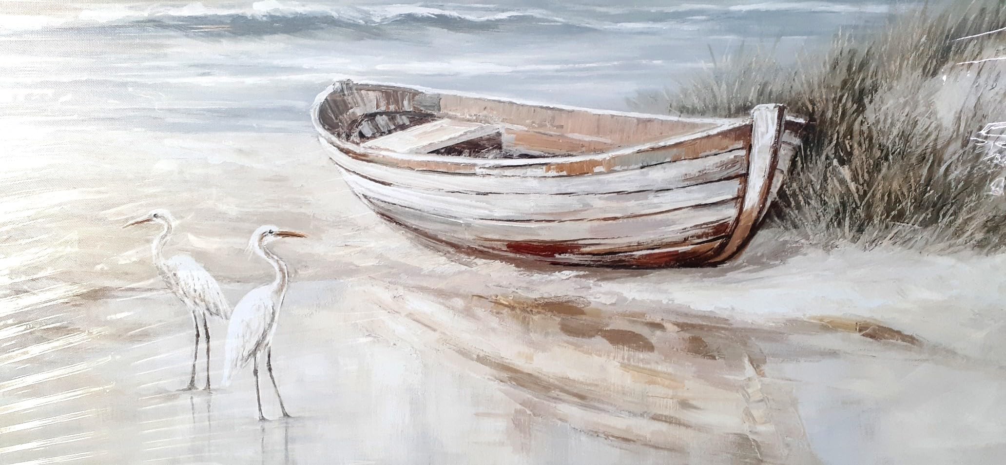 SENROLAN 29x58 Inch Coastal Seascape Canvas Wall Art, Large Horizontal Ocean Wall Decor with Boat and Birds, Neutral Blue Gray Beach Picture, Ready to Hang Gallery Wrapped Canvas for Living Room customer photo 1