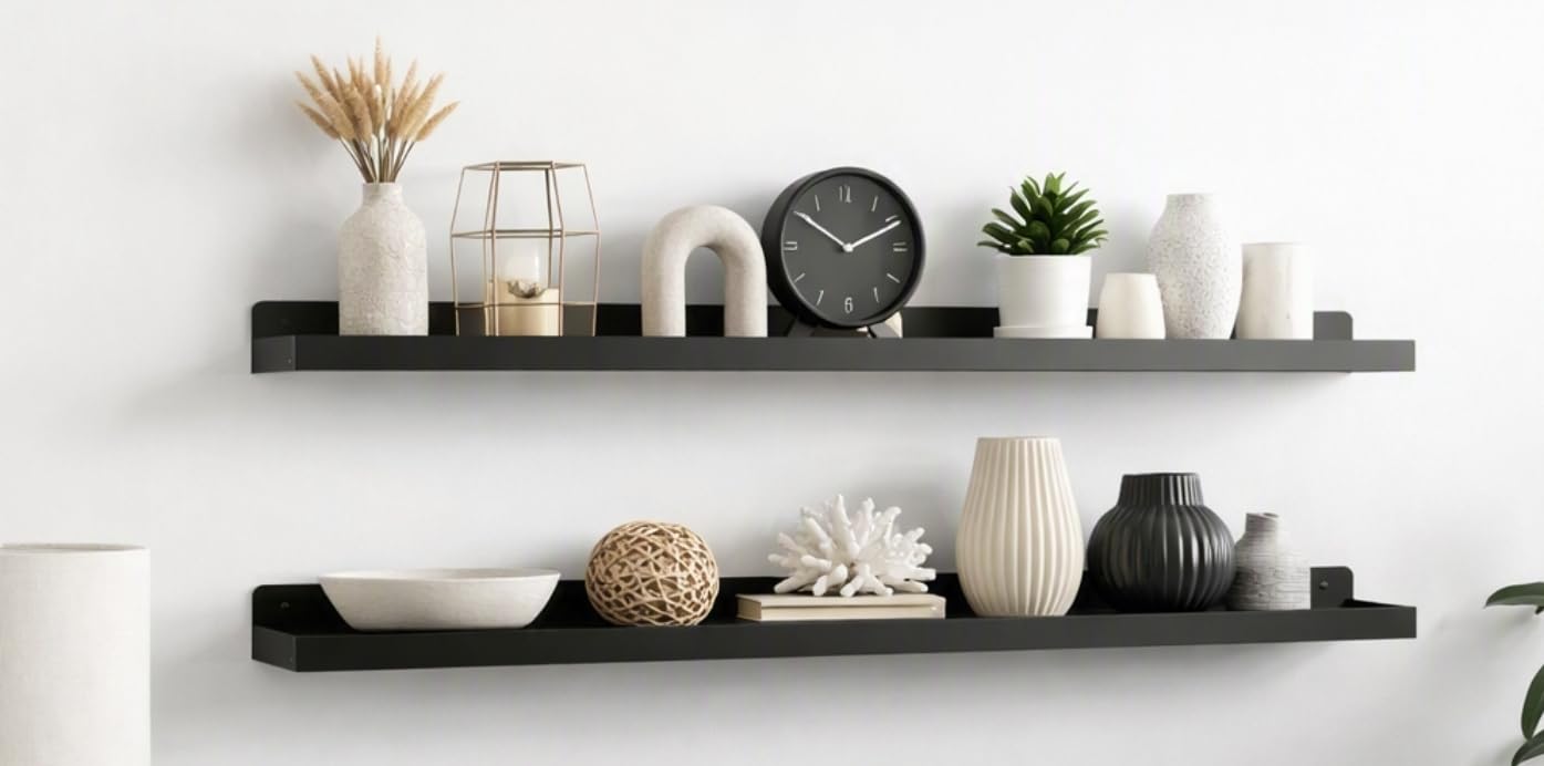 Floating Shelves Wall Mounted Set of 2, 36 Inch Long Picture Ledge Shelf with Lip, Metal Floating Shelves for Storage, Wall Shelves for Living Room, Bedroom, Bathroom, Kitchen, Black customer photo 1