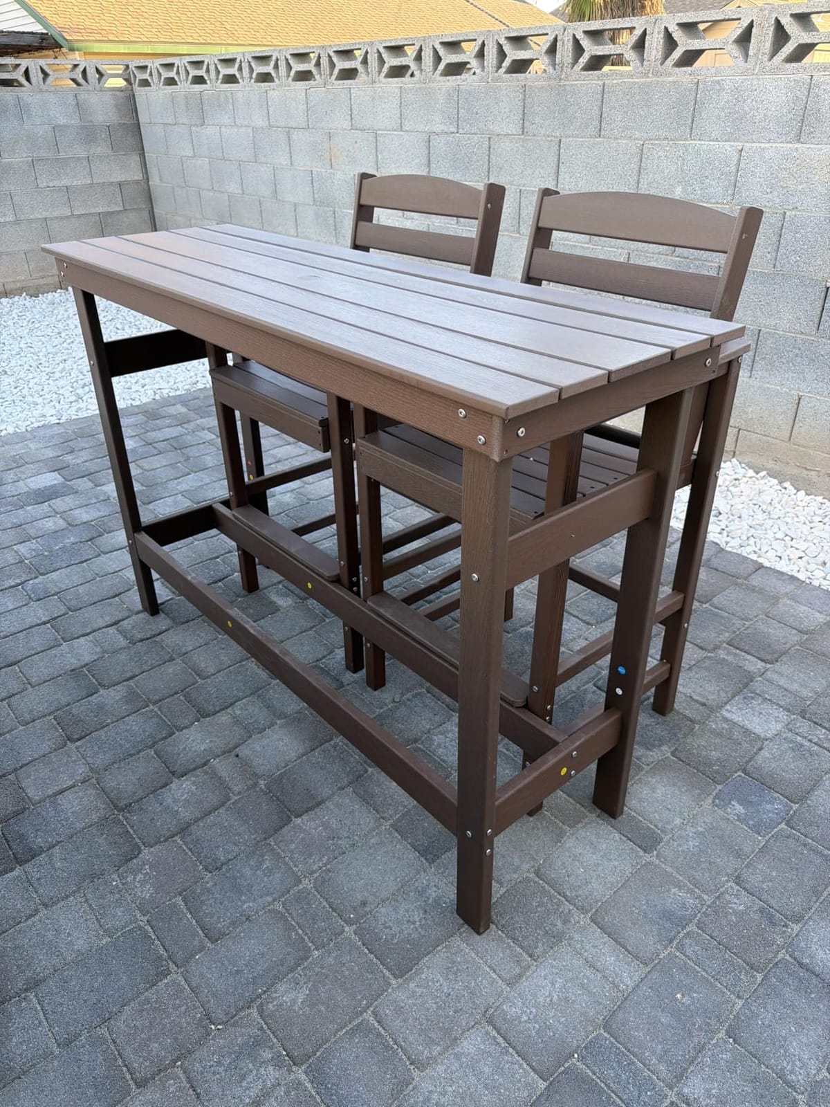 SERWALL Outdoor Bar Set, 2 Adirondack Bar Chairs & Bar Height Table, Grey | with 1.6
