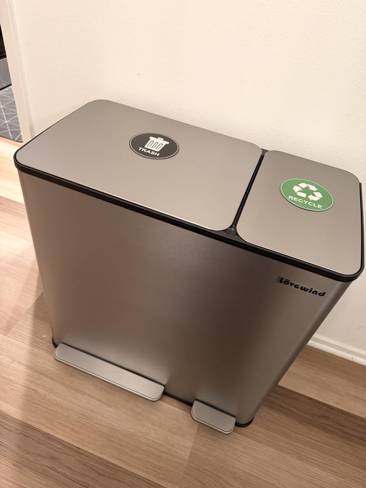 Lovewind Dual Trash and Recycling Bins for Kitchen, 13+6 Gallon Stainless Steel Garbage and Recycle Bin Combo for Large Families, Dual Trash Can with Soft Close Lid & Magnetic Stickers, Silver customer photo 1
