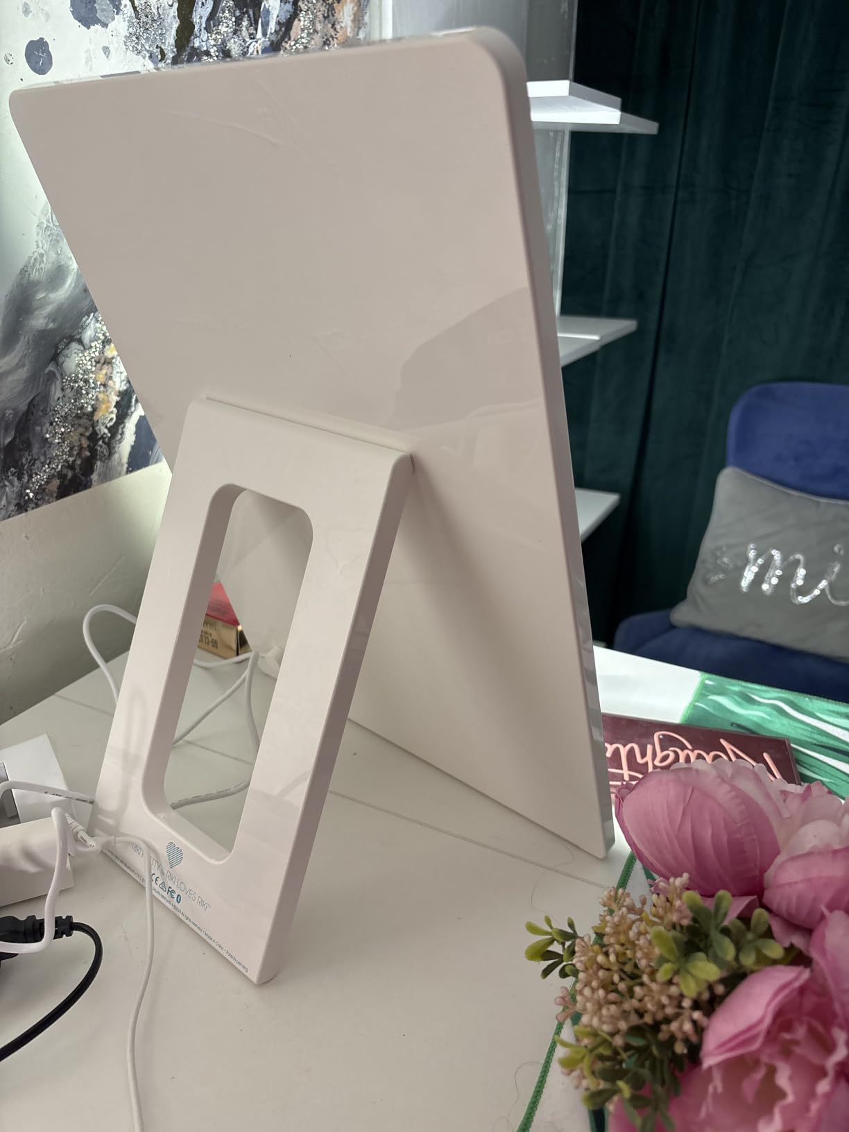 RIKI LOVES RIKI Pretty LED Makeup Mirror with Lights - Medium-Sized Lighted Makeup Mirror with 5X Magnifying Mirror, Smartphone Holder & Remote Control | Wall-Mountable, Bluetooth, & Selfie Function customer photo 1