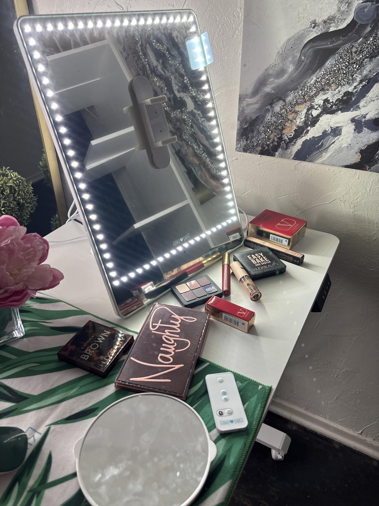 RIKI LOVES RIKI Pretty LED Makeup Mirror with Lights - Medium-Sized Lighted Makeup Mirror with 5X Magnifying Mirror, Smartphone Holder & Remote Control | Wall-Mountable, Bluetooth, & Selfie Function customer photo 2