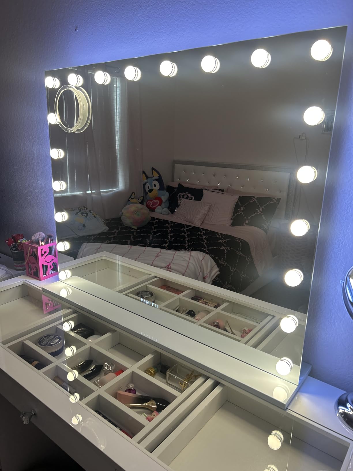 VANITII Hollywood Vanity Mirror with RGB Lights Tempered Glass Light Up Makeup Mirror with 18 Dimmable LED Bulbs 3 Color Lighting Modes Smart Touch 10X Magnification for Bedroom customer photo 2