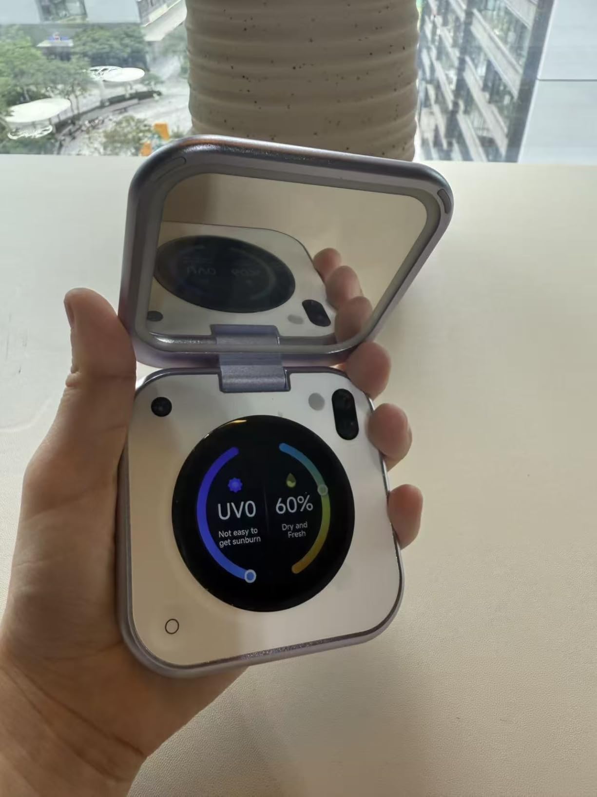 inewme UV Camera Makeup Mirror, LED Compact Mirror for Sunscreen Check | UV Index & Humidity Display, 3-Inch Screen, Travel-Friendly Design, Innovative Beauty Tech Gift customer photo 1