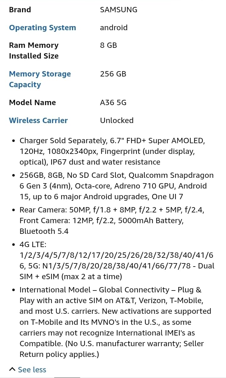 Galaxy A36 5G Ai (for Tmobile Mint Tello & Global) (256GB + 8GB) NFC Version Latina Unlocked SM-A366E/DS 6.6
