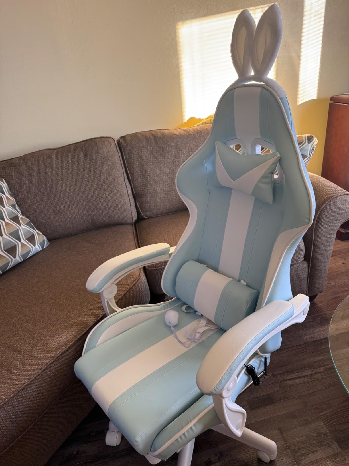 Ferghana Kawaii Light Blue Gaming Chair with Bunny Ears, Ergonomic Cute Gamer Chair with Footrest and Massage, Racing Reclining Leather Computer Game Chair 250lbs for Girls Adults Teens Kids customer photo 2