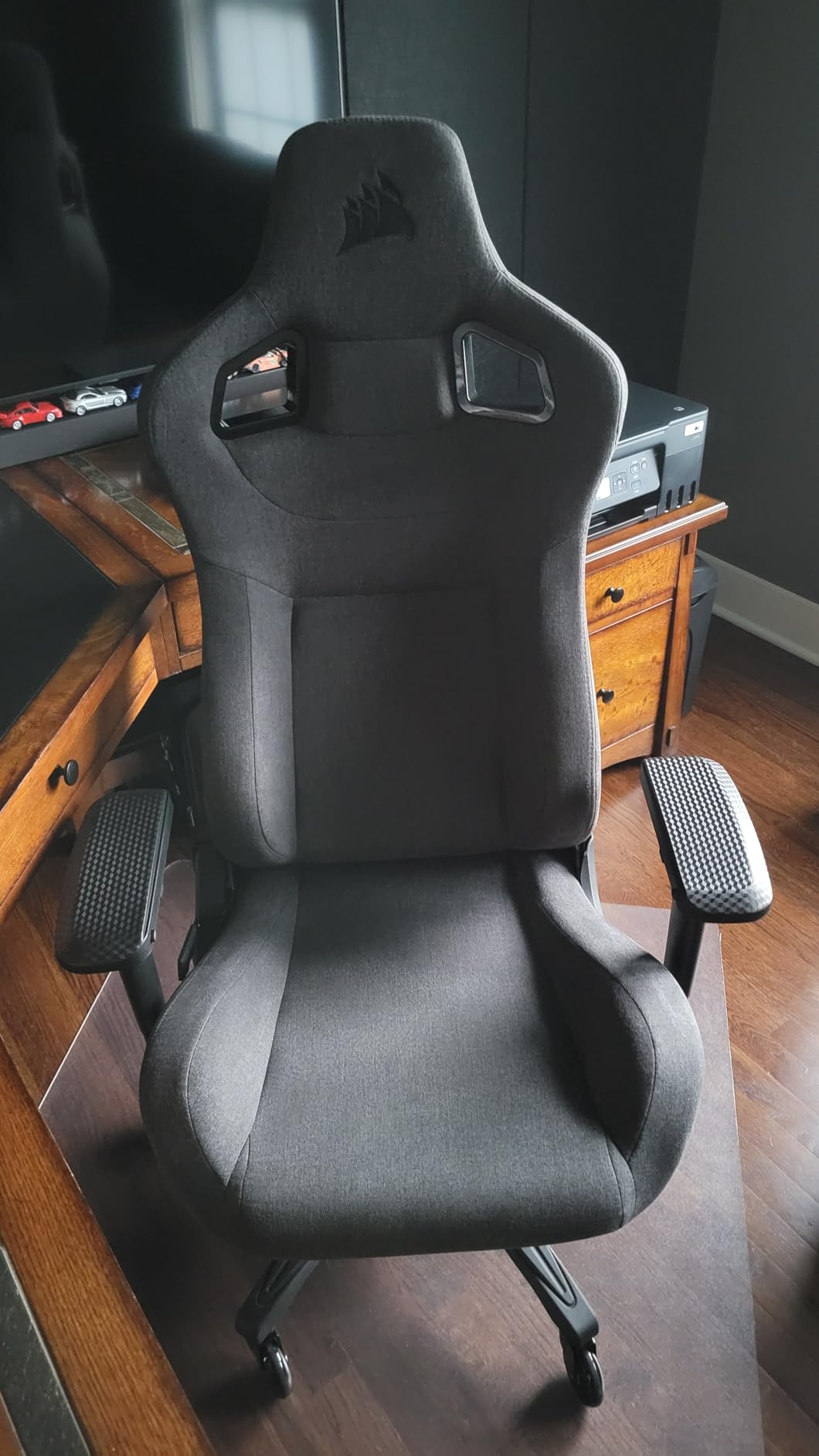 Corsair T3 Rush Fabric Gaming Chair (2023) – Racing-Inspired Design – Soft Fabric Exterior – Padded Neck Cushion – Memory Foam Lumbar Support – Adjustable Seat Height – Charcoal customer photo 1