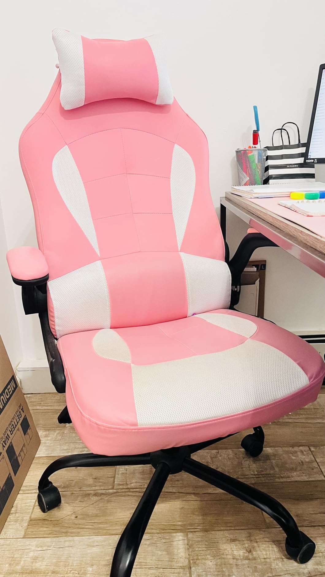 Pink Gaming Chair for Girls & Adults - Ergonomic High Back Office Desk Chair with Adjustable Lumbar Support, Flip-Up Arms & Headrest - PU Leather Swivel Computer Task Chair for Kids & Teens customer photo 1