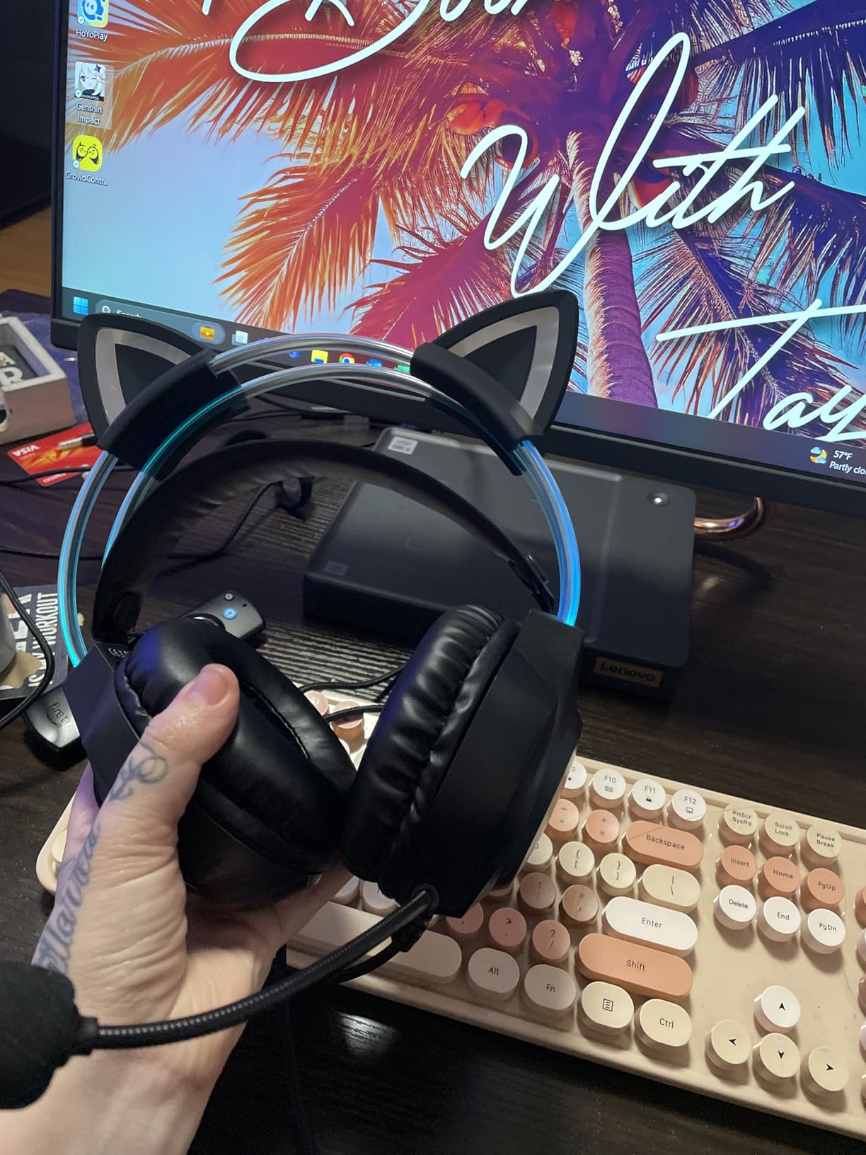 Gaming Headset with Microphone, Cat Ear Headphones for PC Laptop PS4 PS5 Xbox Switch, Rainbow RGB Lighting & Virtual Surround Sound, 3.5mm Wired Over Ear Headphones, Ergonomic customer photo 1