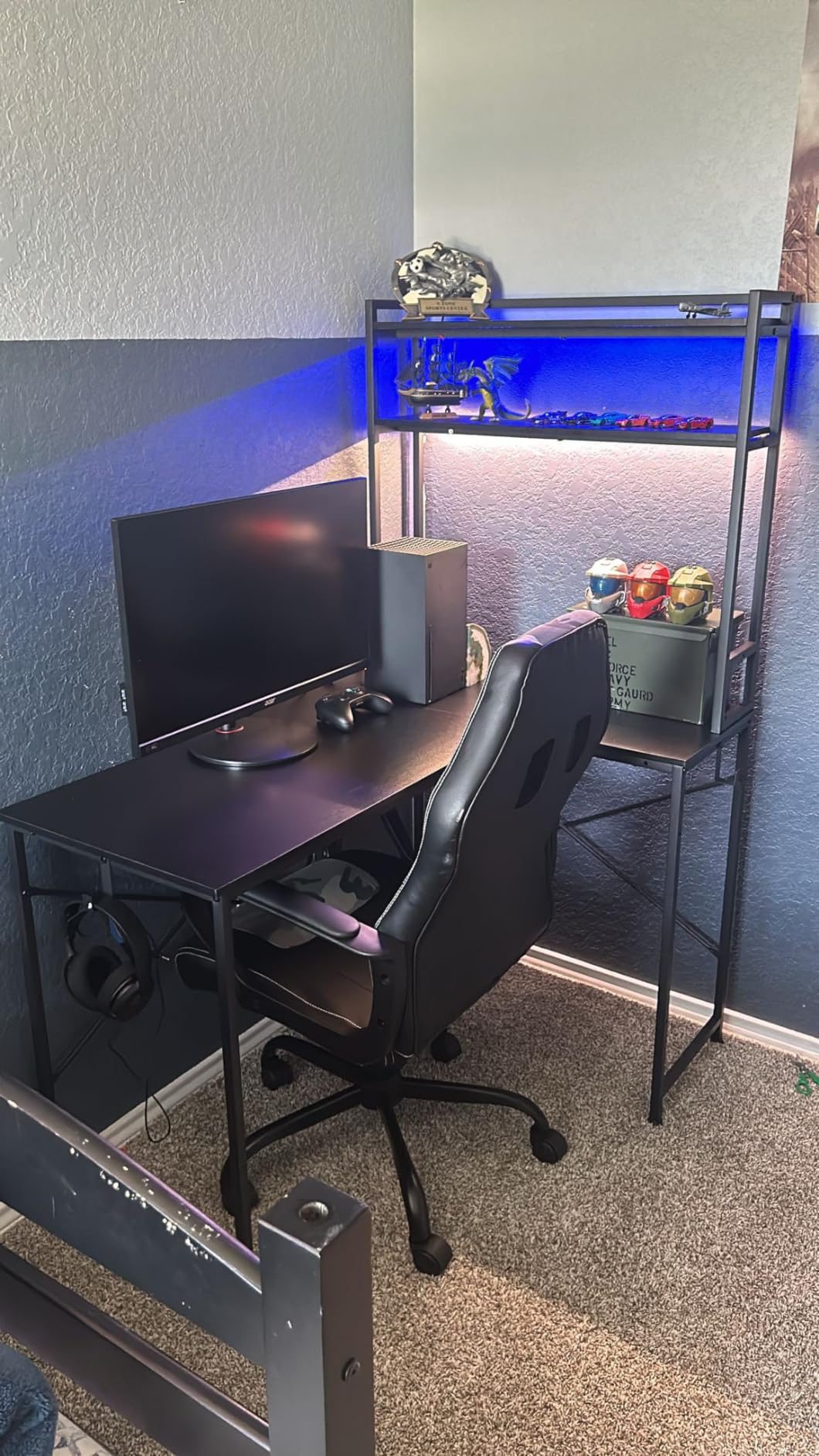 SEDETA L Shaped Gaming Desk, Reversible 45.3” Small Corner Desk with Power Outlet and LED Lights, Corner Gaming Desk with Storage Shelves, Hooks for Small Space, Black customer photo 1