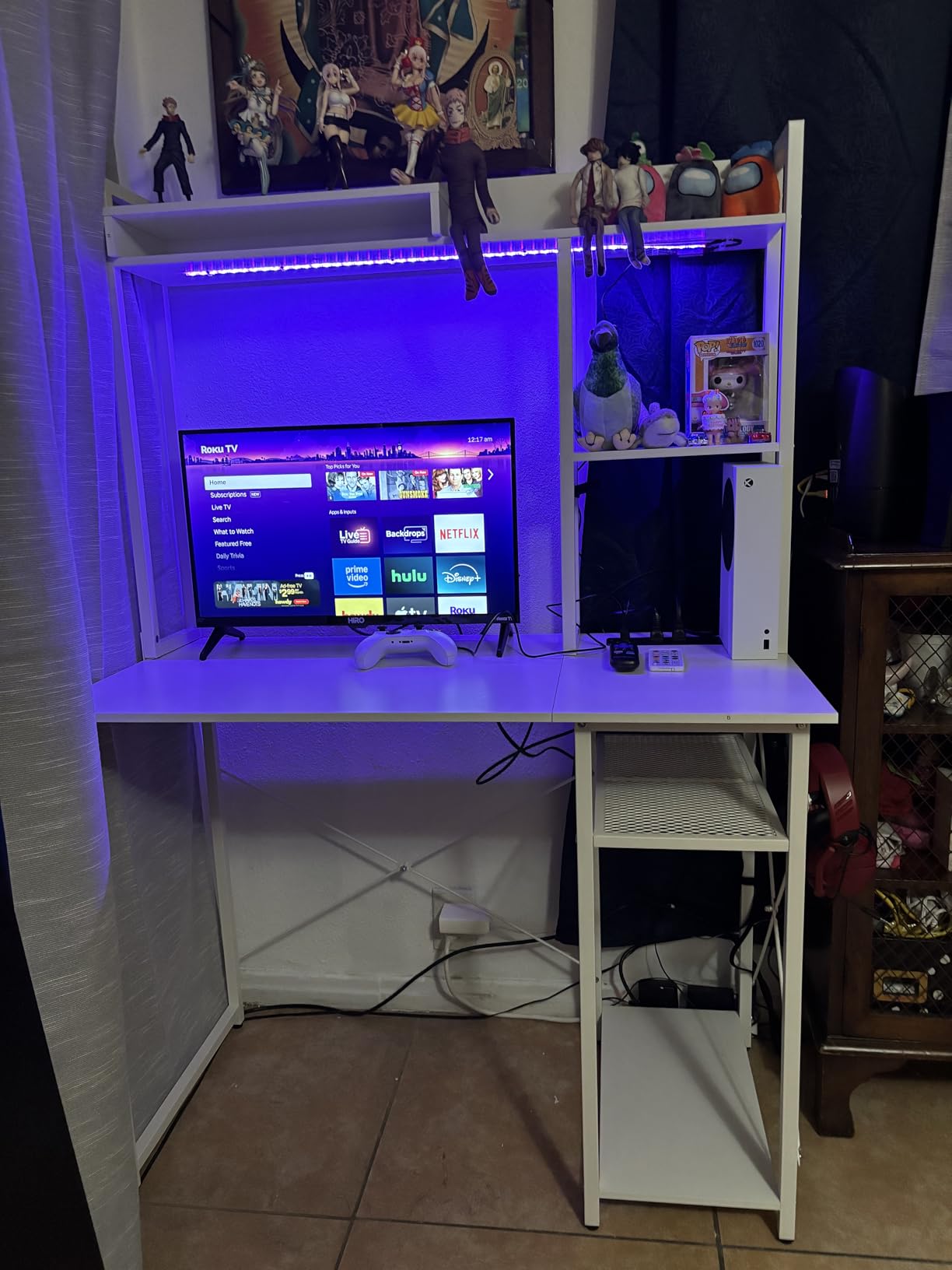 Cyclysio Gaming Desk with Hutch, 39'' Computer Desk with LED Lights & Power Outlets, Home Office Desk with Reversible 5 Tiers Storage Shelves & Monitor Stand, Small Gaming Table for Small Space, Black customer photo 1