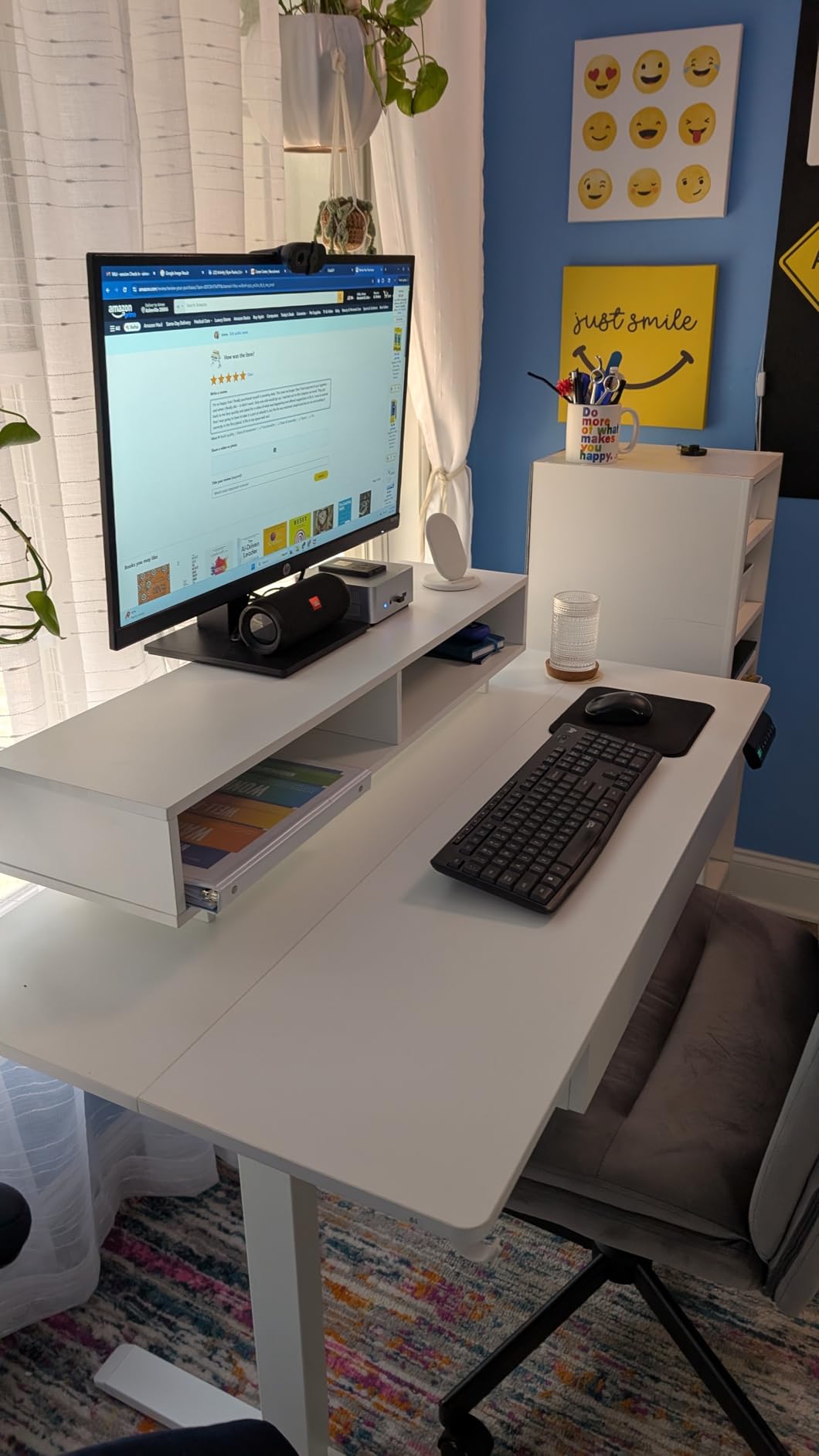 GTPLAYER Electric Standing Desk with Drawers, 48 x 24 Inch Height Adjustable Gaming Desk with Monitor Stand, Power Outlets & LED Lights, Home Office Sit Stand Up Desk with Memory Preset (White) customer photo 2